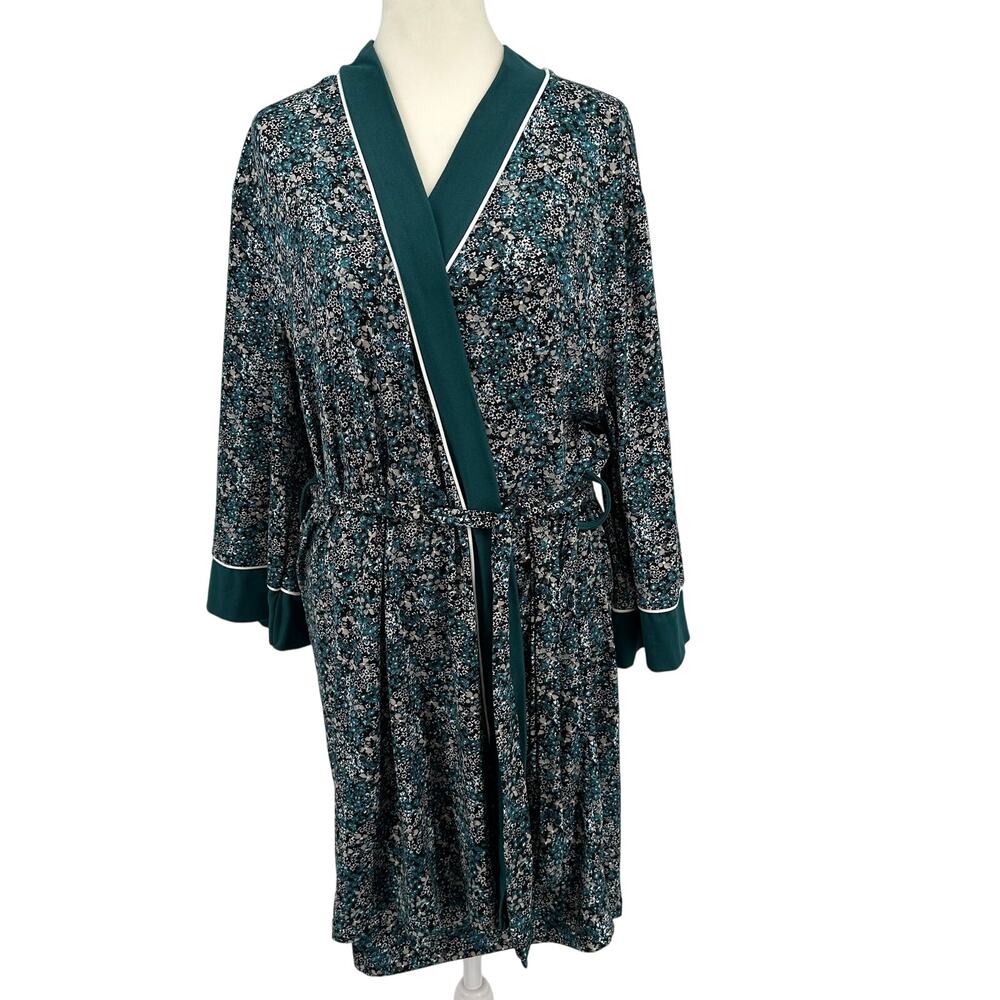Nanette Lepore Floral Print Robe Kimono Wrap Women's XL Green/Black Lounge Wear